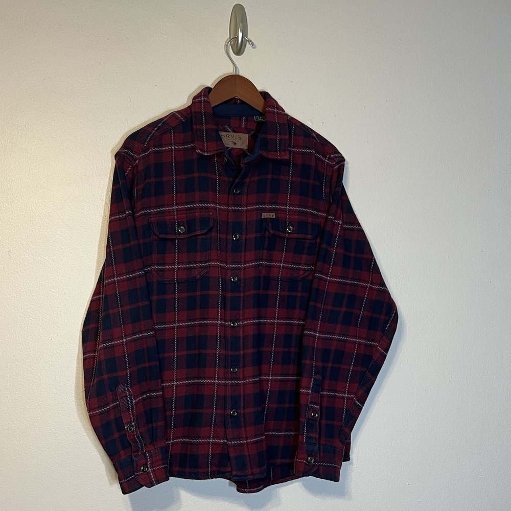 Orvis Mens Flannel Plaid Button Down Shirt, Long Sleeve, Red Navy - Picture 2 of 10